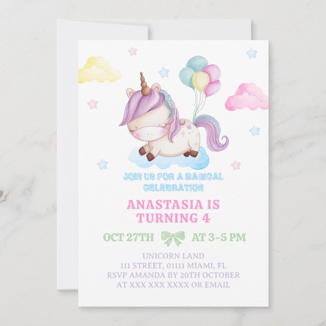 Invitation Fille Licorne 4e Anniversaire Fête Magique (Devant)