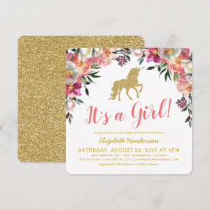 Invitation Fille Licorne Pailletée Or Rose Baby Shower