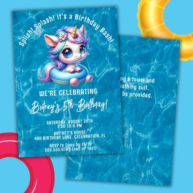 Invitation Fille Licorne Piscine Anniversaire Splish Splash (Créateur téléchargé)
