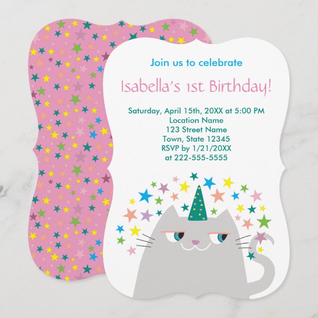 Invitation Fille Licorne Rose 1er Anniversaire (Devant / Derrière)