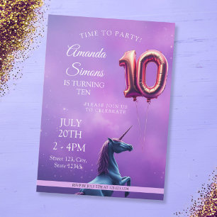 Invitation Fille Licorne Rosé Galaxie Violette 10ème Annivers