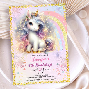 Invitation Fille Licorne Rose Or Paillettes 4ème Anniversaire