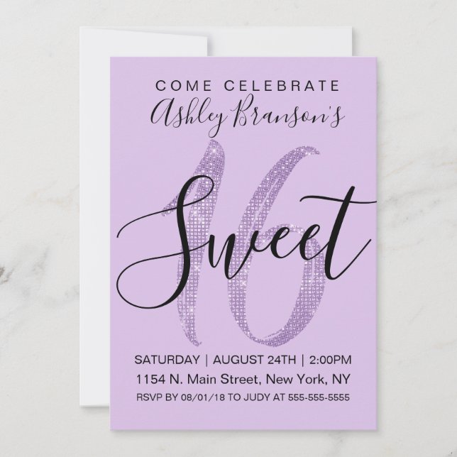 Invitation Fille Lilac Purple Sequin Parties scintillant Swee (Devant)