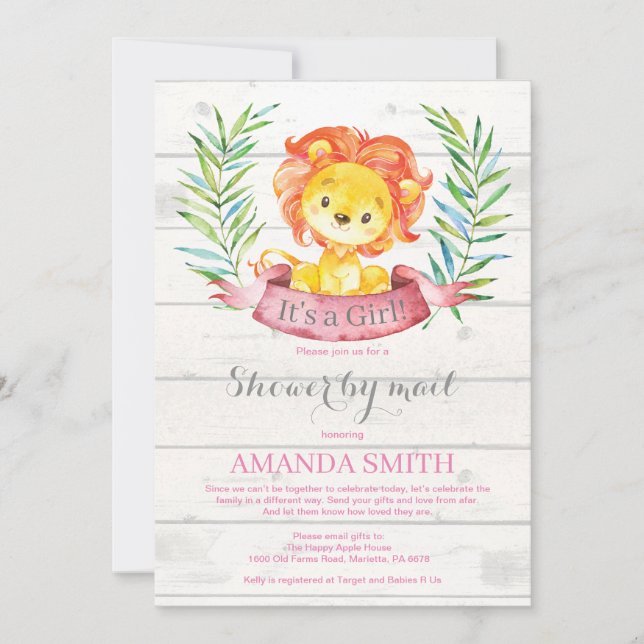 Invitation Fille Lion Baby shower par courrier (Devant)
