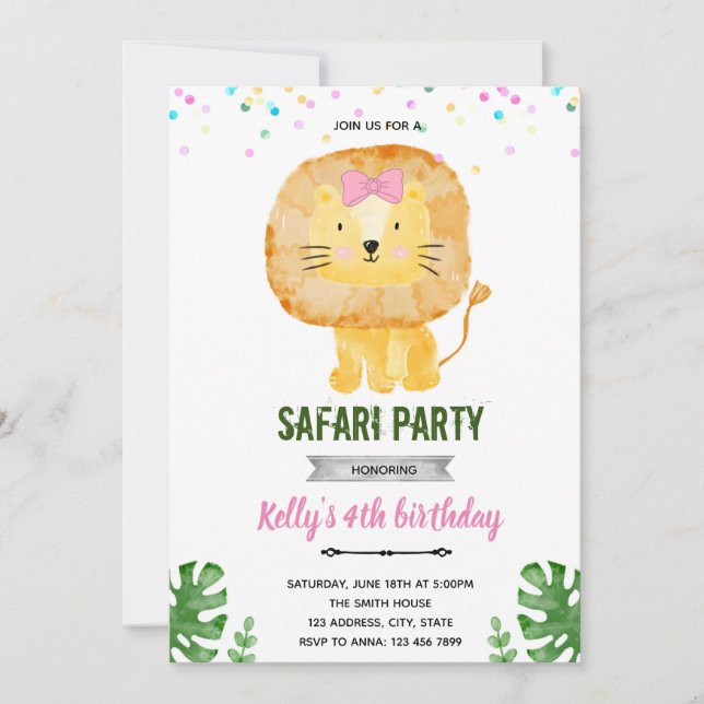 Invitation fille lion pastel (Devant)
