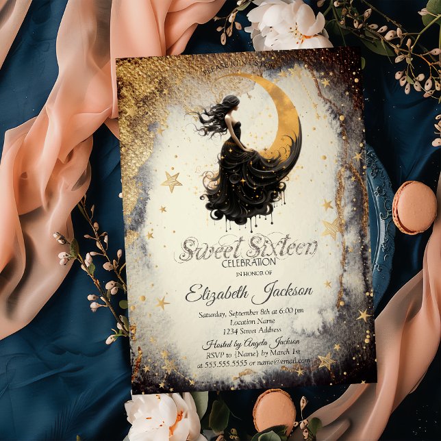 Invitation Fille lunaire céleste Aquarelle Étoiles dorées Swe (Créateur téléchargé)