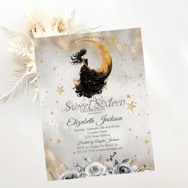 Invitation Fille lunaire céleste Fleurs Étoiles Sweet 16 (Créateur téléchargé)