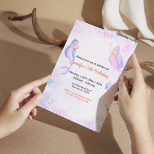 Invitation Fille Magique Aquarelle Sirène Violette Anniversai