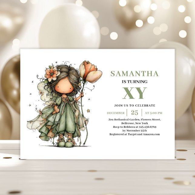 Invitation Fille Magique Fée Anniversaire Floral Vert Invitat (Magical Fairy Girl Birthday Floral Green Invitation)