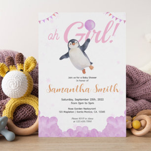 Invitation Fille manchot ballon rose nuage ciel Baby Shower
