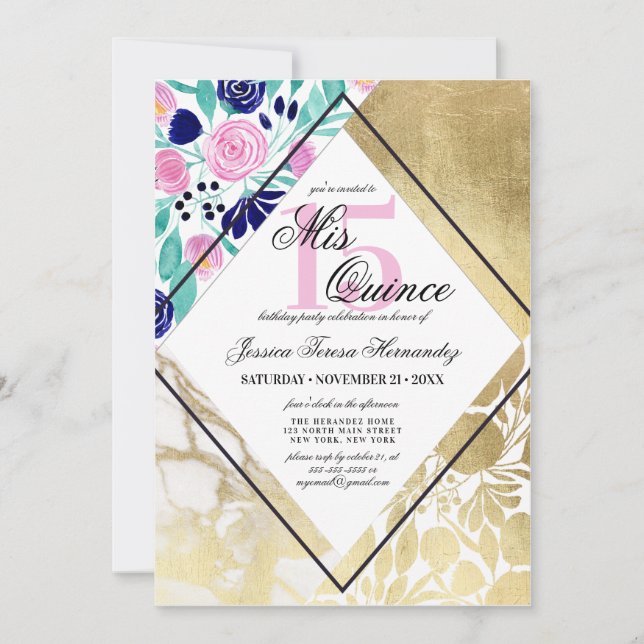 Invitation Fille Marbre Or Floral Aquarelle Mis Quince (Devant)