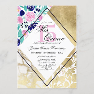Invitation Fille Marbre Or Floral Aquarelle Mis Quince