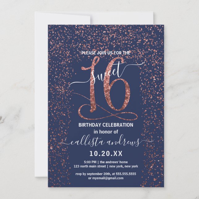 Invitation Fille Marine Bleu Rose Or Confetti Bordure Sweet 1 (Devant)