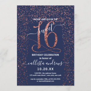 Invitation Fille Marine Bleu Rose Or Confetti Bordure Sweet 1
