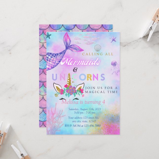 Invitation Fille Mermaid et Unicorn Anniversaire (Devant/Arrière en situation)