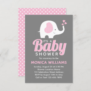 Invitation Fille mignonne Baby shower d'éléphant gris rose