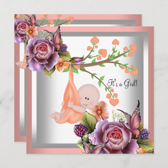 Invitation Fille mignonne Baby shower Fille Corail Peach 2 (Devant / Derrière)