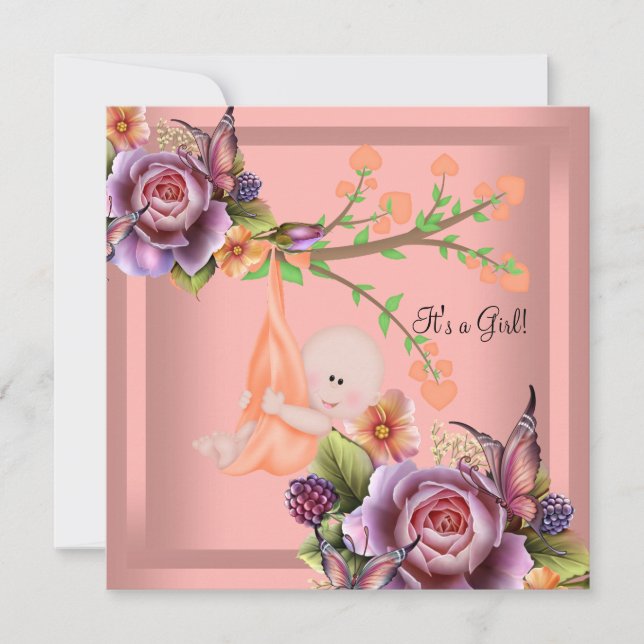 Invitation Fille mignonne Baby Shower Fille Corail pêche (Devant)