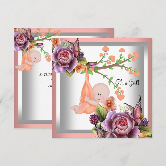 Invitation Fille mignonne Baby Shower Fille Corail pêche 2 (Devant / Derrière)