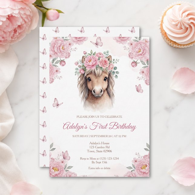 Invitation Fille Mignonne Cheval Floral Rose Premier Annivers (Créateur téléchargé)