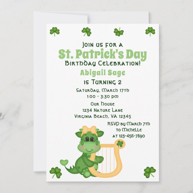 Invitation Fille mignonne Dragon St. Patrick's Day Anniversai (Devant)