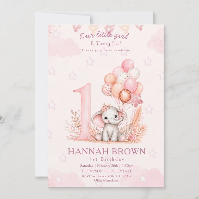 Invitation Fille mignonne éléphant rose 1er anniversaire flor (Devant)