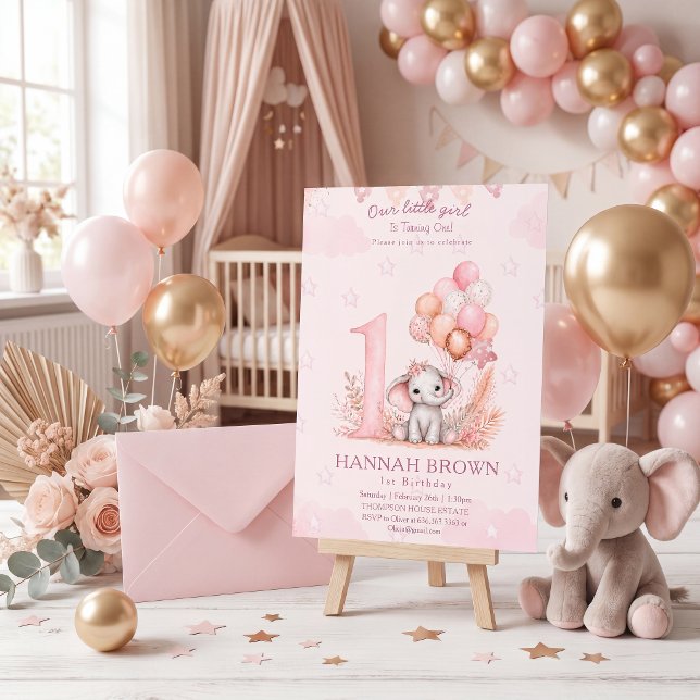 Invitation Fille mignonne éléphant rose 1er anniversaire flor (Créateur téléchargé)