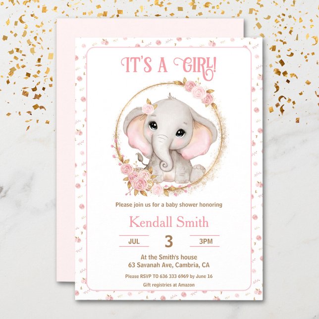 Invitation Fille mignonne Eléphant rose et Baby shower de fle (Girl Cute Pink Elephant and Flowers Baby Shower Invitation)
