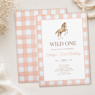 Invitation Fille Mignonne Gingham Pêche Cheval Premier Annive