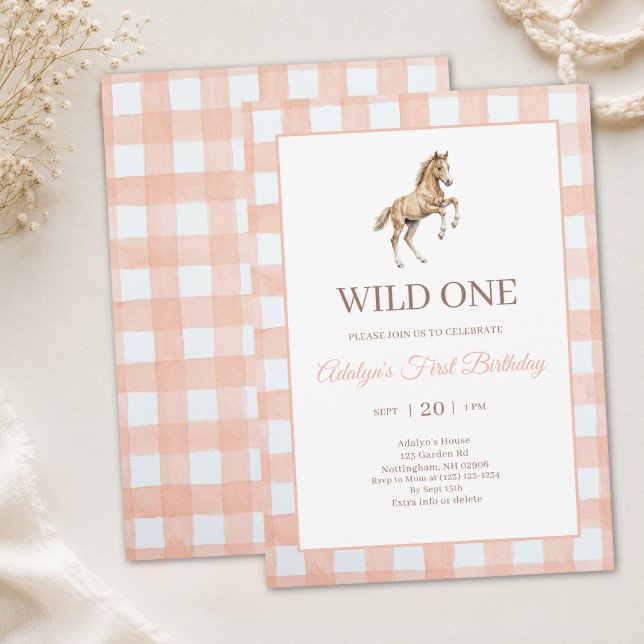 Invitation Fille Mignonne Gingham Pêche Cheval Premier Annive (Créateur téléchargé)