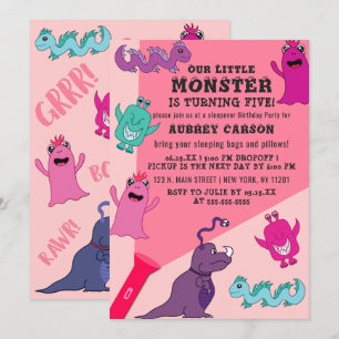 Invitation Fille mignonne Monster lampe de poche Slepover Ann