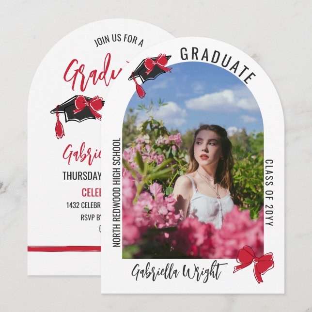 Invitation Fille mignonne Red Bows Arch Graduation Celebratio (Devant / Derrière)