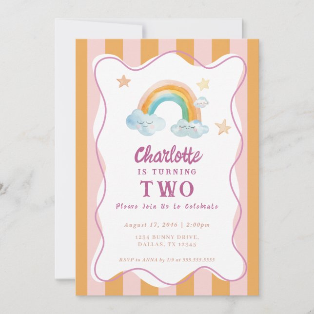 Invitation Fille mignonne violet aquarelle arc-en-ciel bébé a (Devant)
