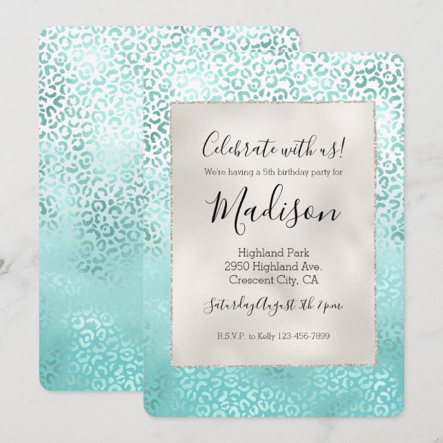 Invitation Fille Mint Blanc Glam Ombre Empreinte de léopard (Devant / Derrière)
