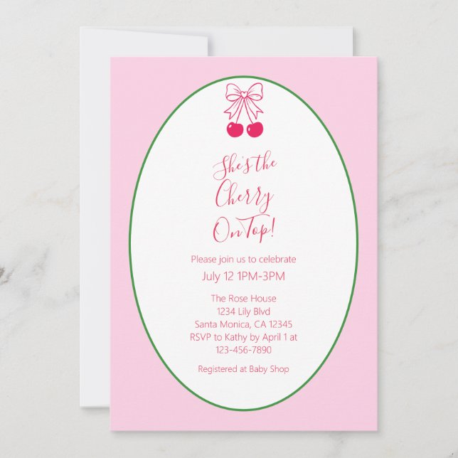 Invitation Fille Moderne Baby Shower Cerise Sur Le Gâteau (Devant)