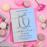 Invitation Fille moderne bleu Parties scintillant argent Ombr<br><div class="desc">Cette invitation à fêter un sweet sixteen chic et féminin est parfaite pour la journée spéciale de votre jeune fille adolescente. Il présente une grande parties scintillant argent scintillante, "16", au-dessus d'une simple arrière - plan pastel sérénité bleu et faux argent parties scintillant latéralement dégradé ombre. C'est simple, unique, moderne,...</div>