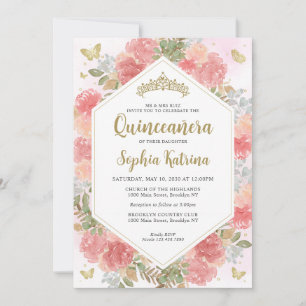 Invitation Fille moderne Blush rose Floral or Quinceañera