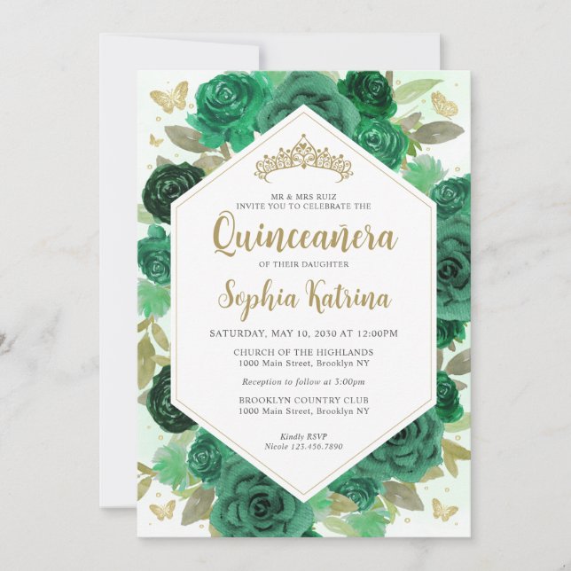 Invitation Fille moderne Emerald vert Floral or Quinceañera (Devant)