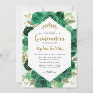 Invitation Fille moderne Emerald vert Floral or Quinceañera