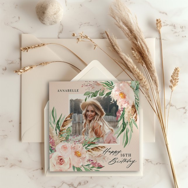 Invitation Fille moderne florale boho naturel photo anniversa (Créateur téléchargé)