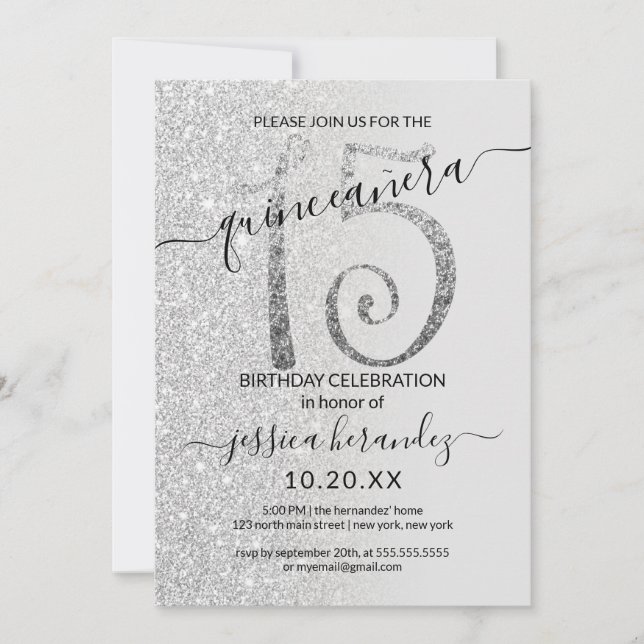 Invitation Fille moderne Gris Parties scintillant Argent Ombr (Devant)