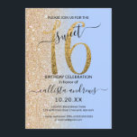 Invitation Fille moderne Parties scintillant bleue or Ombre S<br><div class="desc">Cette invitation à fêter un sweet sixteen chic et féminin est parfaite pour la journée spéciale de votre jeune fille adolescente. Il présente une grande parties scintillant en or brillant, "16", imbriquée d'une simple parties scintillant en bleu serenity pastel et en faux or, sur les côtés, dégradé ombre arrière -...</div>