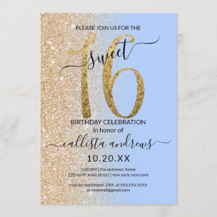 Invitation Fille moderne Parties scintillant bleue or Ombre S
