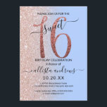 Invitation Fille moderne Rose bleu Parties scintillant or Omb<br><div class="desc">Cette invitation à fêter un sweet sixteen chic et féminin est parfaite pour la journée spéciale de votre jeune fille adolescente. Il présente une parties scintillant d'or brillant rose, "16", au-dessus d'une simple parties scintillant d'or bleu serenity pastel et faux rose, en passant par un arrière - plan sombre. C'est...</div>
