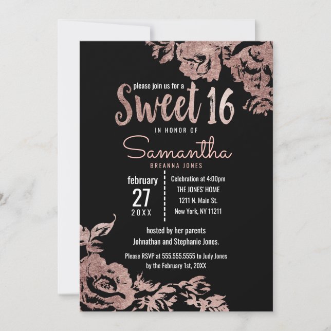 Invitation Fille moderne Rose noir or Floral Sweet 16 (Devant)