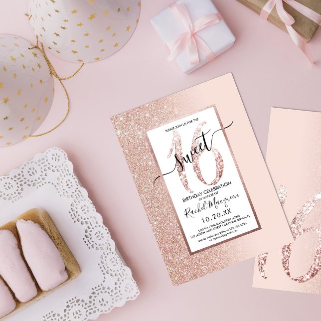 Invitation Fille moderne rose rose Parties scintillant or Omb (Créateur téléchargé)