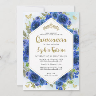 Invitation Fille moderne Royal bleu Floral or Quinceañera