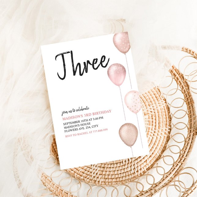 Invitation Fille Moderne Simple 3ème Ballons Rose Anniversair (Créateur téléchargé)