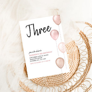 Invitation Fille Moderne Simple 3ème Ballons Roses Anniversai