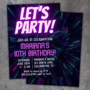 Invitation Fille Neon Purple Rose fête d'anniversaire